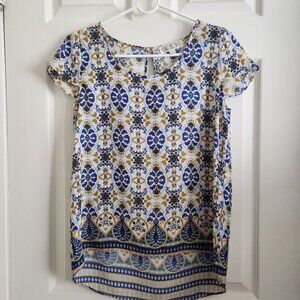 Pink Rose Womens Short Sleeve Printed Top S Blue & Gold Mandala Design